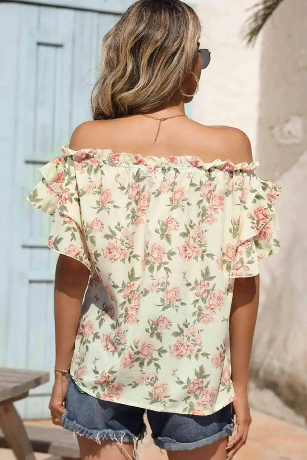 Floral Frill Trim Off-Shoulder Blouse Blouses - Tophatter Daily Deals