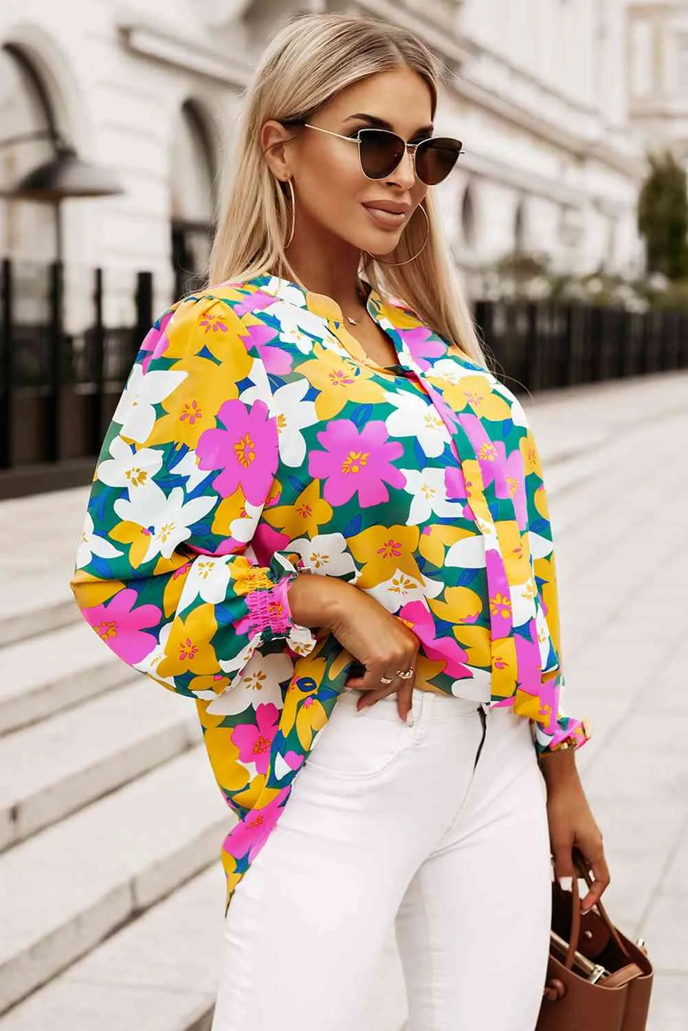 Floral Print Notched Neck Lantern Sleeve Blouse Blouses - Tophatter Daily Deals