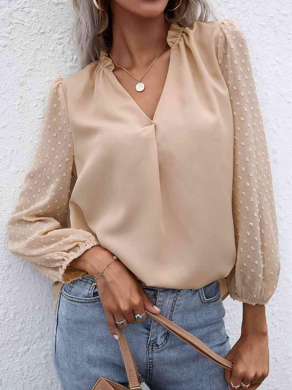 Swiss Dot Frill Trim Puff Sleeve Blouse Blouses - Tophatter Daily Deals