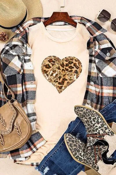 Heart Leopard Sequin Short Sleeve T-Shirt Women's T-Shirts - Tophatter Daily Deals