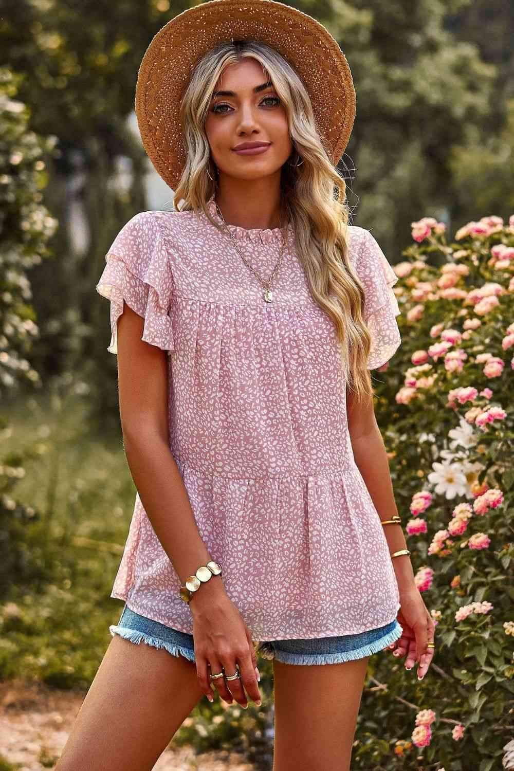 Round Neck Flutter Sleeve Peplum Blouse Blush Pink Blouses - Tophatter Daily Deals