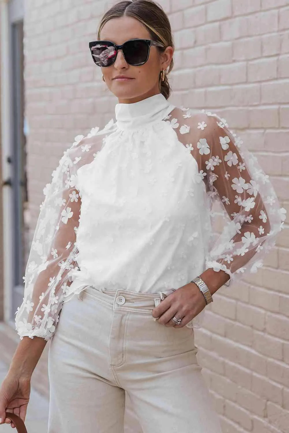 Mock Neck Long Sleeve Applique Blouse Blouses - Tophatter Daily Deals