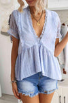 Swiss Dot Deep V Flounce Sleeve Blouse Pastel Blue Blouses - Tophatter Daily Deals