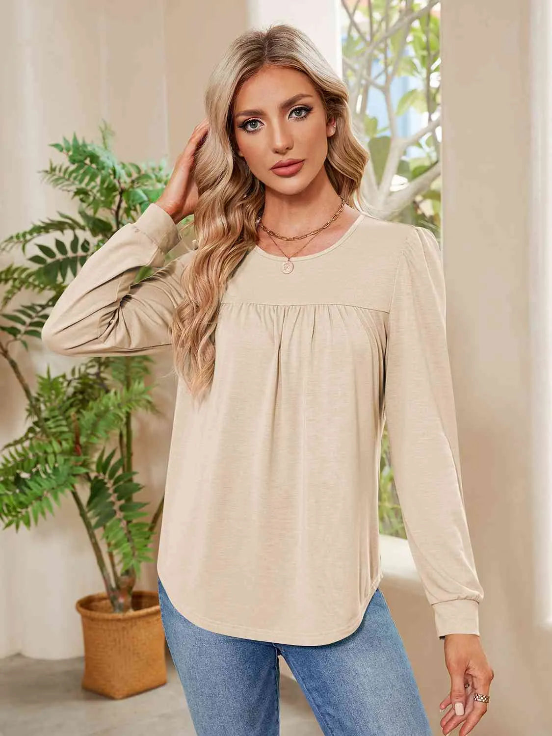 Ruched Round Neck Long Sleeve Blouse Ivory Blouses - Tophatter Daily Deals