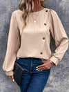 Buttoned Ribbed Puff Sleeve Top Cream Blouses - Tophatter Daily Deals