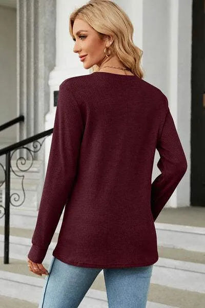 Waffle-Knit Notched Long Sleeve T-Shirt Women's T-Shirts - Tophatter Daily Deals
