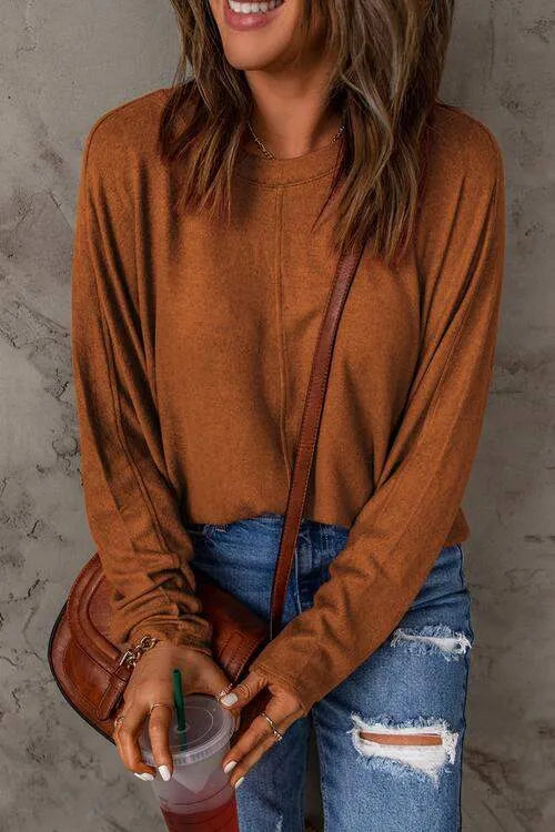Seam Detail Round Neck Long Sleeve Top Women's T-Shirts - Tophatter Daily Deals