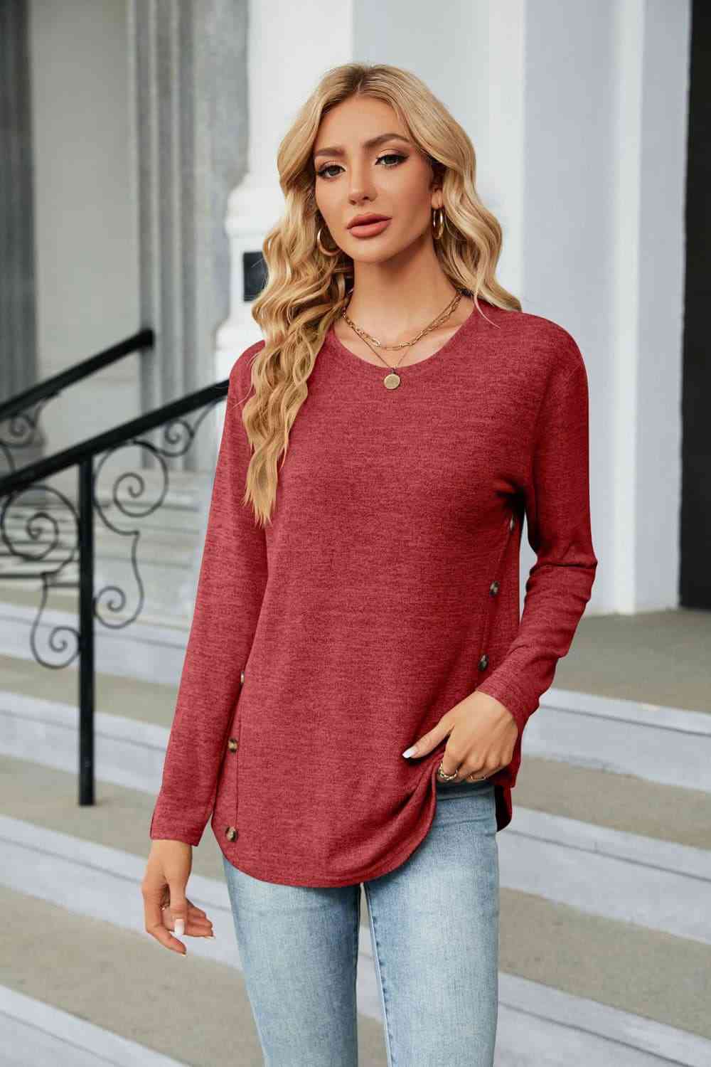 Round Neck Long Sleeve T-Shirt Deep Red Women's T-Shirts - Tophatter Daily Deals