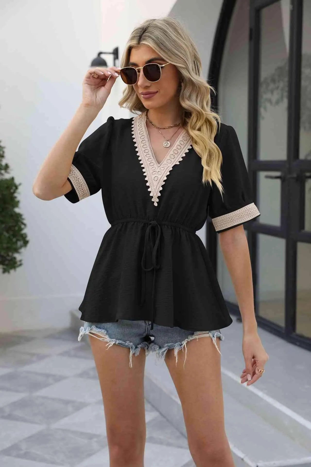 V-Neck Puff Sleeve Babydoll Top Blouses - Tophatter Daily Deals