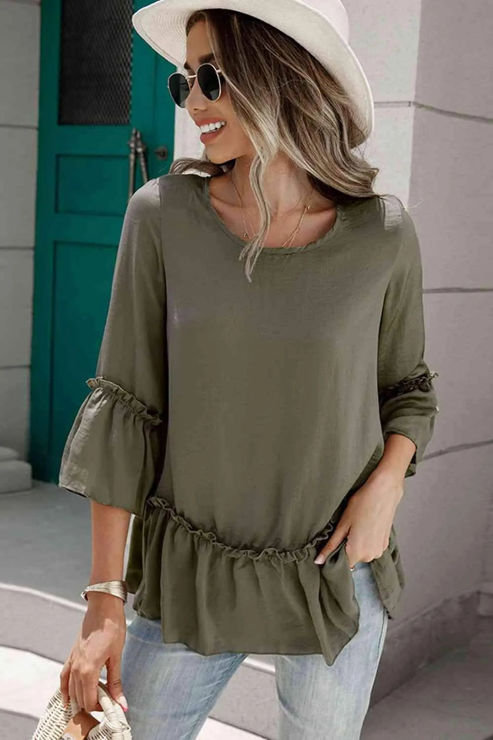 Frill Trim Round Neck Blouse Blouses - Tophatter Daily Deals
