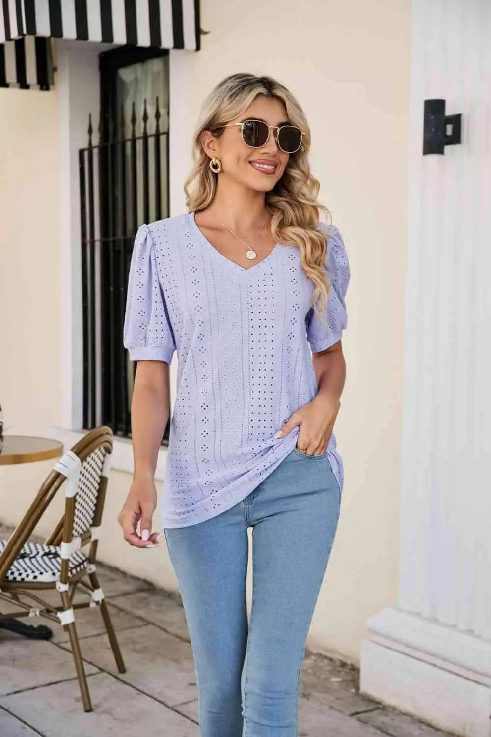 Eyelet Puff Sleeve V-Neck Top Blouses - Tophatter Daily Deals