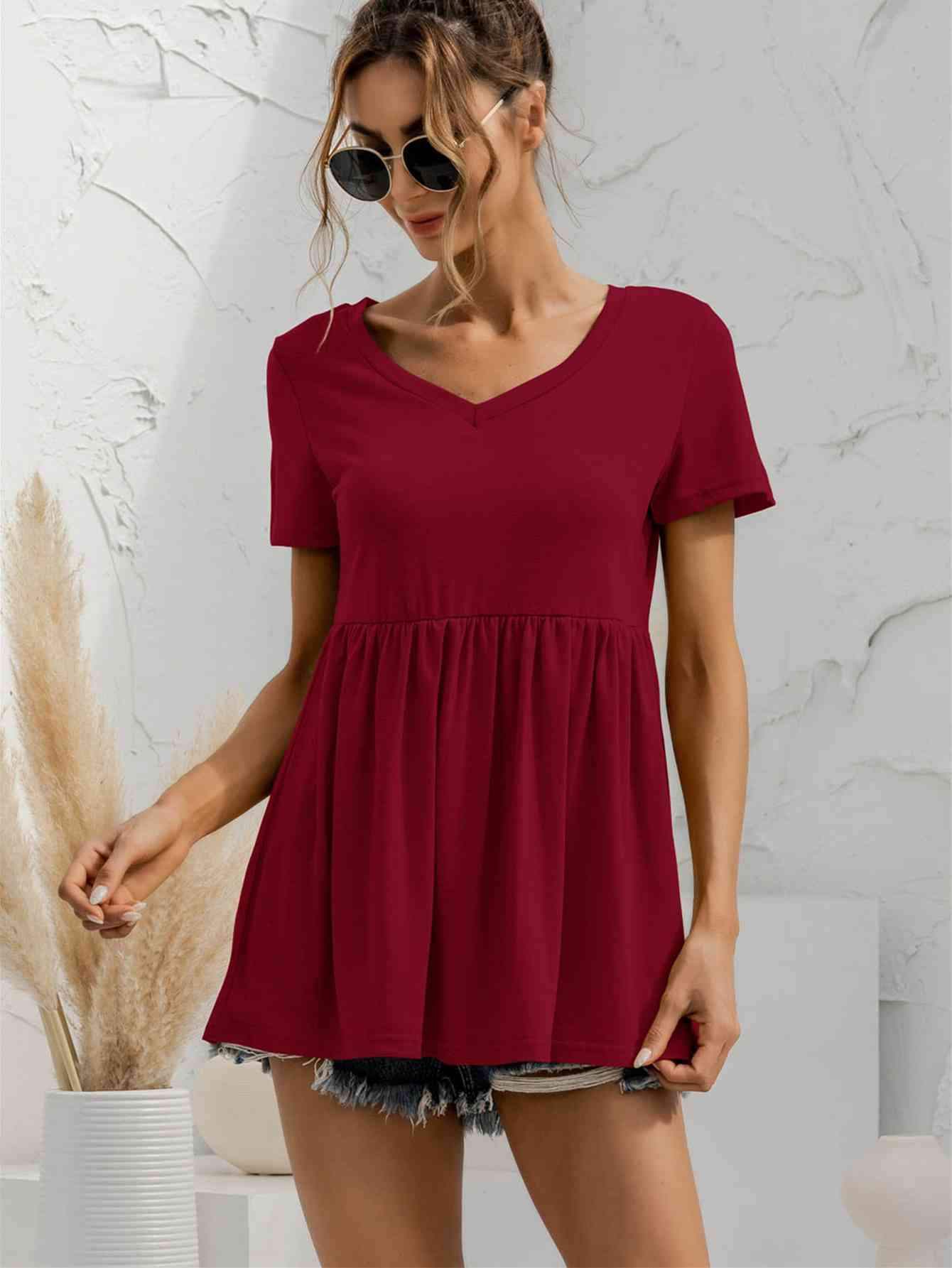 V-Neck Short Sleeve Babydoll Top Blouses - Tophatter Daily Deals