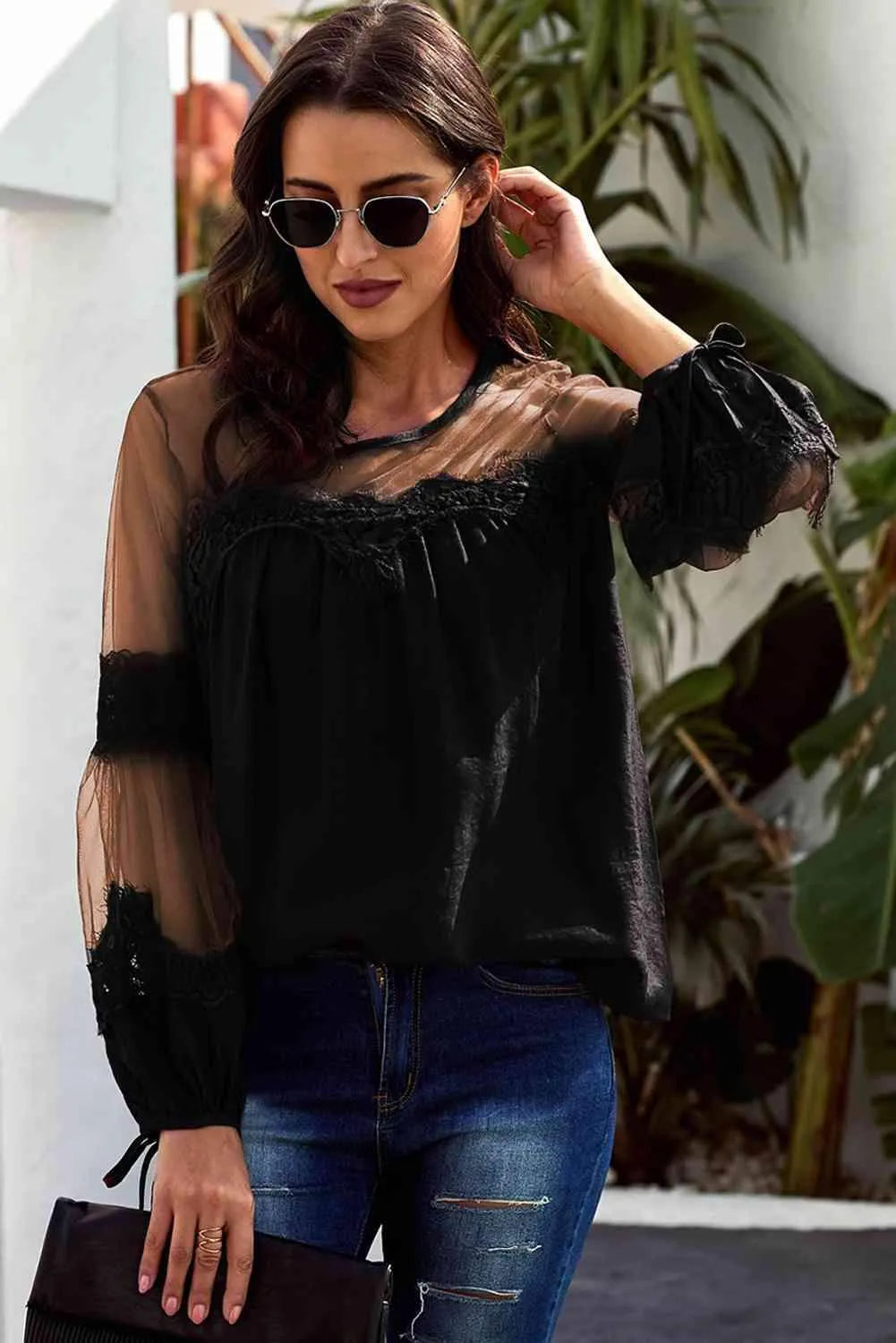 Tied Spliced Mesh Bubble Sleeve Blouse Black Blouses - Tophatter Daily Deals