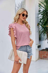 Round Neck Flutter Sleeve Eyelet Blouse Blouses - Tophatter Daily Deals