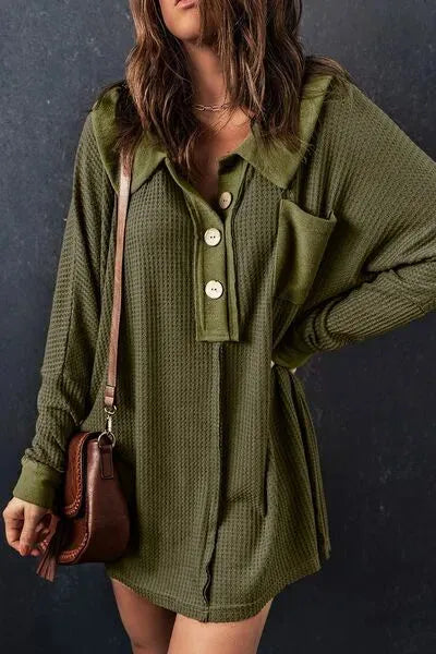 Waffle Knit Buttoned Long Sleeve Top with Breast Pocket Blouses - Tophatter Daily Deals