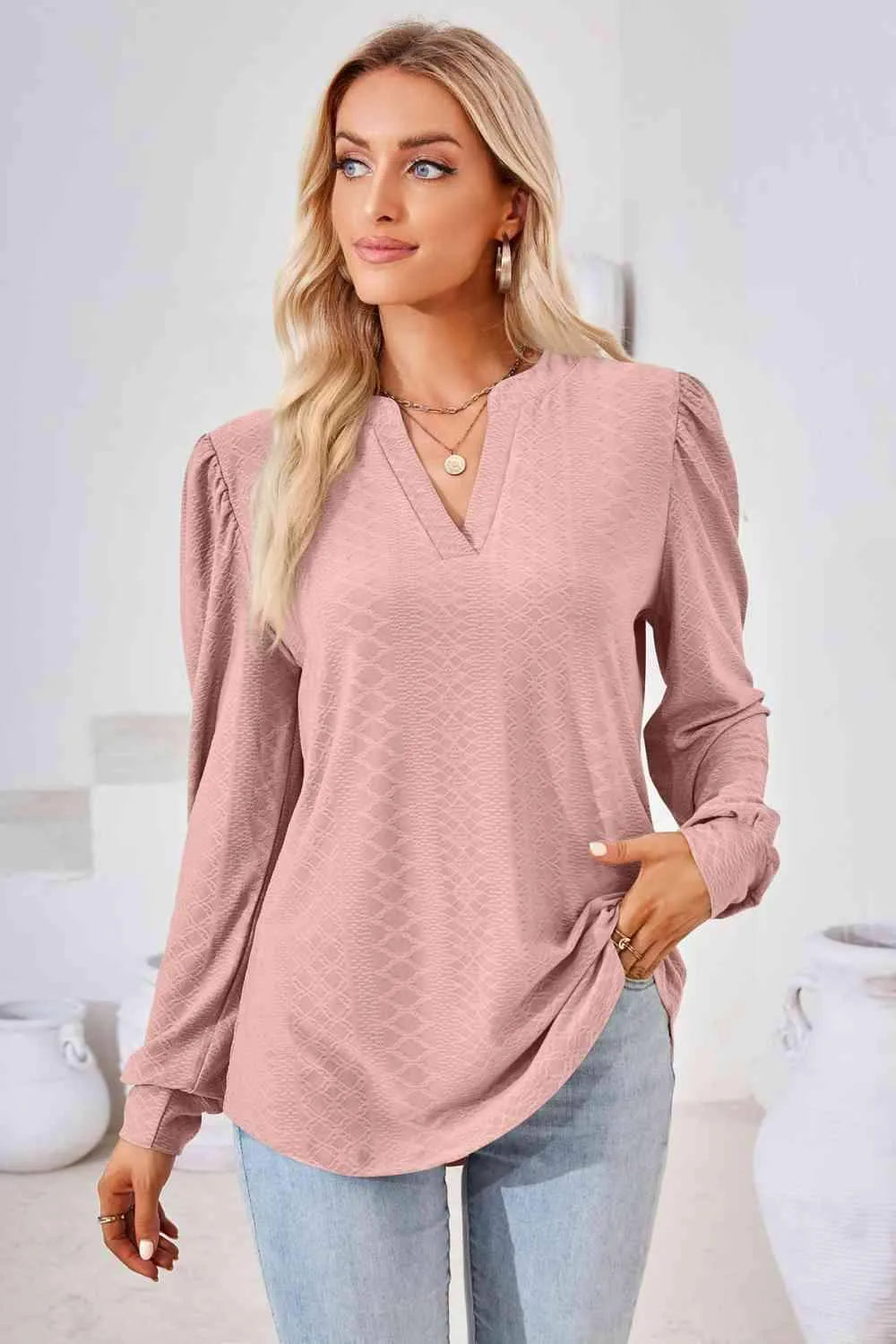 V-Neck Puff Sleeve Blouse Blouses - Tophatter Daily Deals