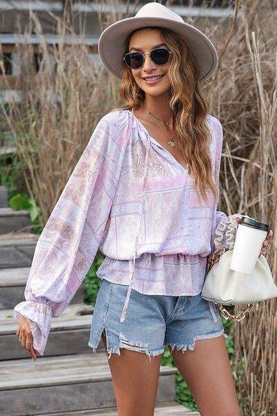 Printed Tie Neck Flounce Sleeve Blouse Blouses - Tophatter Daily Deals