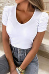 Puff Sleeve V-Neck Ribbed Top White Women's T-Shirts - Tophatter Daily Deals