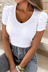 Puff Sleeve V-Neck Ribbed Top White Women's T-Shirts - Tophatter Daily Deals