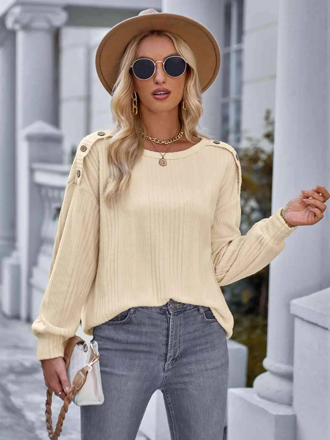 Shoulder Detail Round Neck Top Ivory Blouses - Tophatter Daily Deals