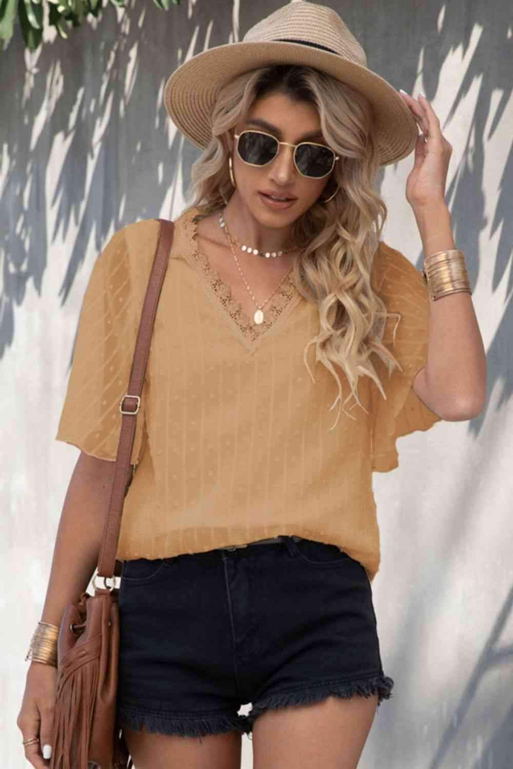 Swiss Dot Lace Trim Flutter Sleeve V-Neck Blouse Tan Blouses - Tophatter Daily Deals