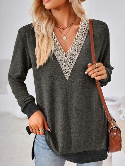 Crochet Contrast V-Neck Long Sleeve Slit T-Shirt Charcoal Women's T-Shirts - Tophatter Daily Deals