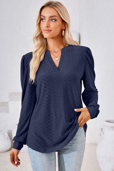 Ruched Notched Long Sleeve T-Shirt Women's T-Shirts - Tophatter Daily Deals