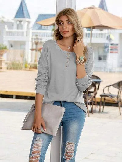 Quarter Button Round Neck Dropped Shoulder T-Shirt Women's T-Shirts - Tophatter Daily Deals