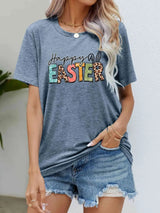 HAPPY EASTER Graphic Round Neck Tee Shirt Misty Blue Women's T-Shirts - Tophatter Daily Deals