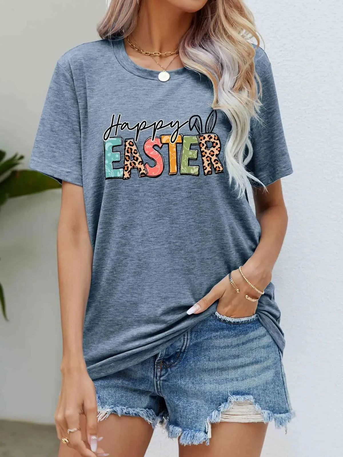 HAPPY EASTER Graphic Round Neck Tee Shirt Misty Blue Women's T-Shirts - Tophatter Daily Deals
