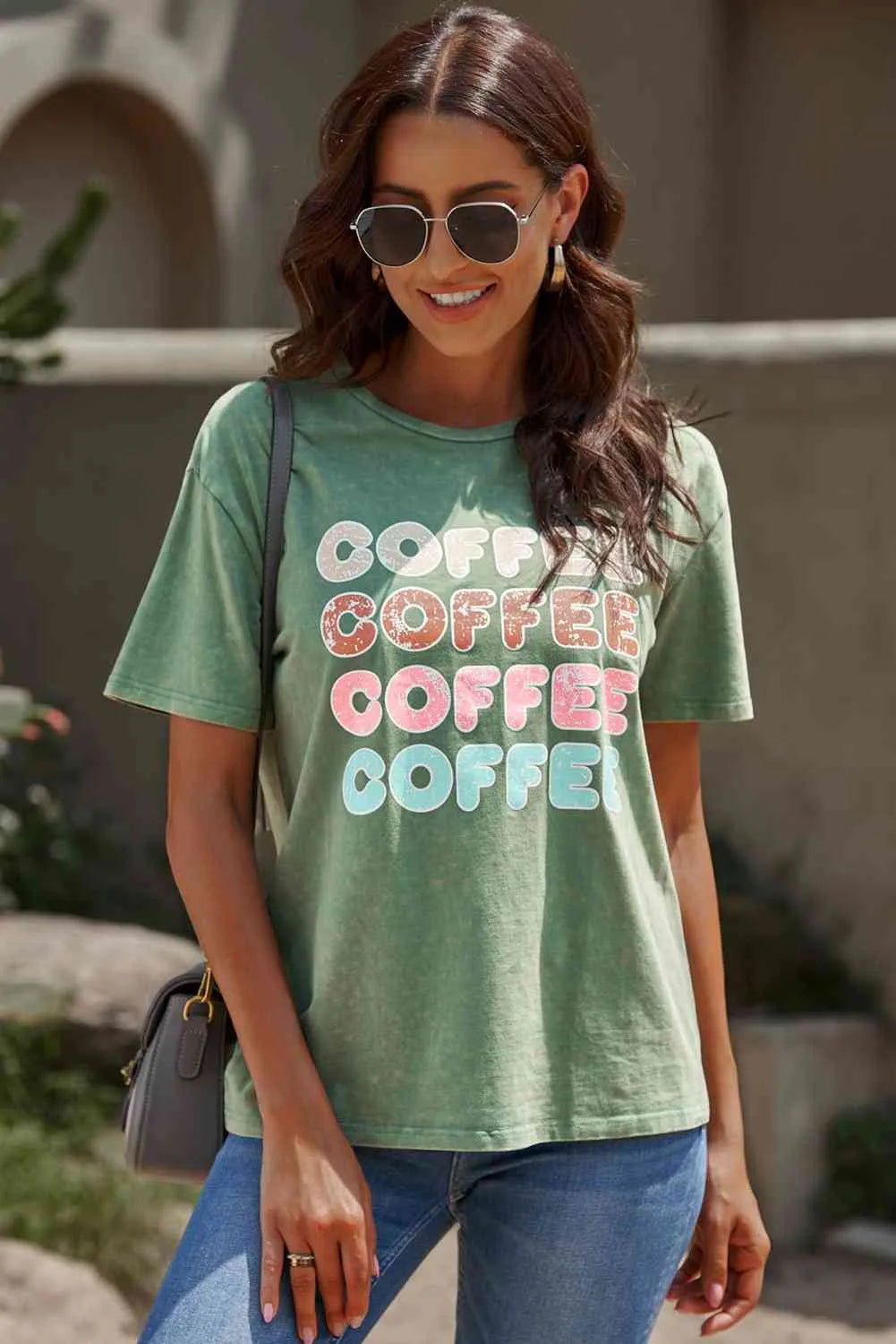 COFFEE Graphic Round Neck Tee Gum Leaf Women's T-Shirts - Tophatter Daily Deals