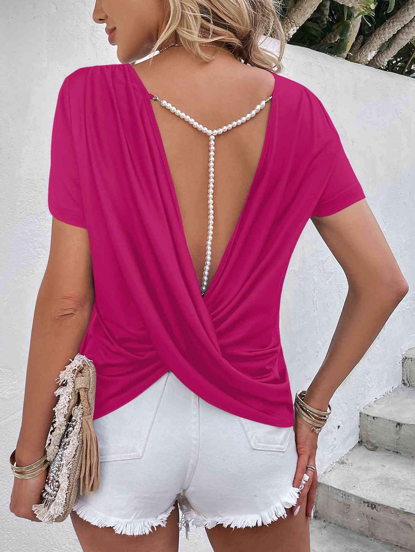 Beads Trim Back Twisted Blouse Cerise Blouses - Tophatter Daily Deals