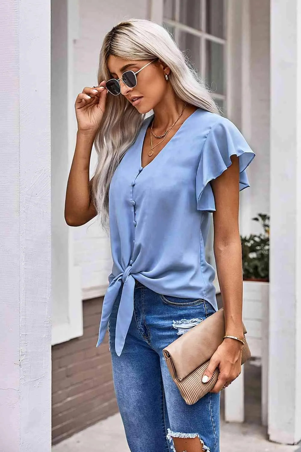 V-Neck Tie Hem Flutter Sleeve Blouse Blouses - Tophatter Daily Deals
