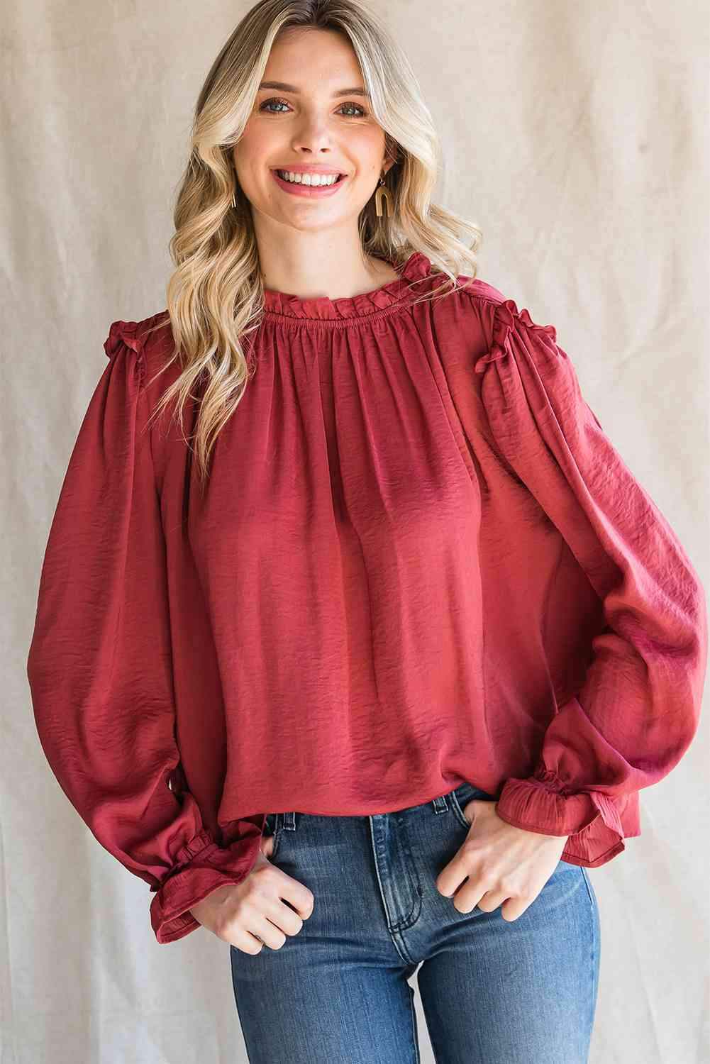 Frilled Neck Long Flounce Sleeve Blouse Blouses - Tophatter Daily Deals