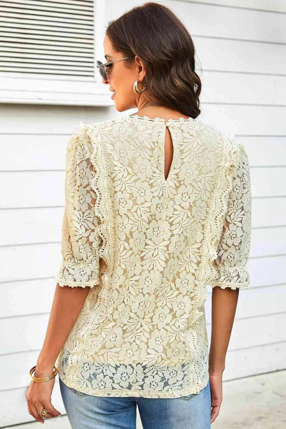 Lace V-Neck Flounce Sleeve Top Blouses - Tophatter Daily Deals