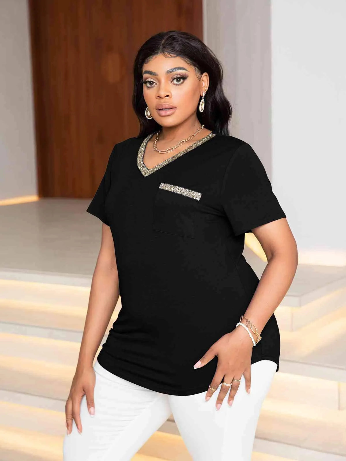 Plus Size Glitter V-Neck Short Sleeve Tee Shirt Women's T-Shirts - Tophatter Daily Deals