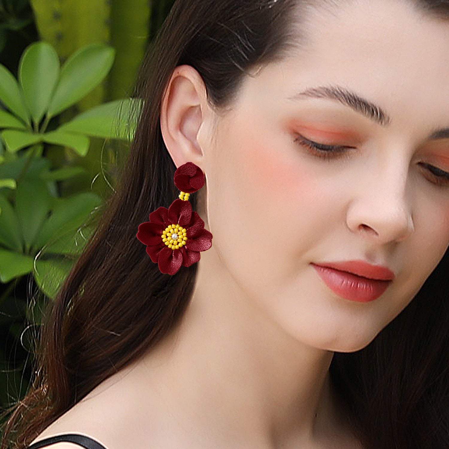 Bead PU Leather Stainless Steel Flower Earrings Earrings - Tophatter Daily Deals