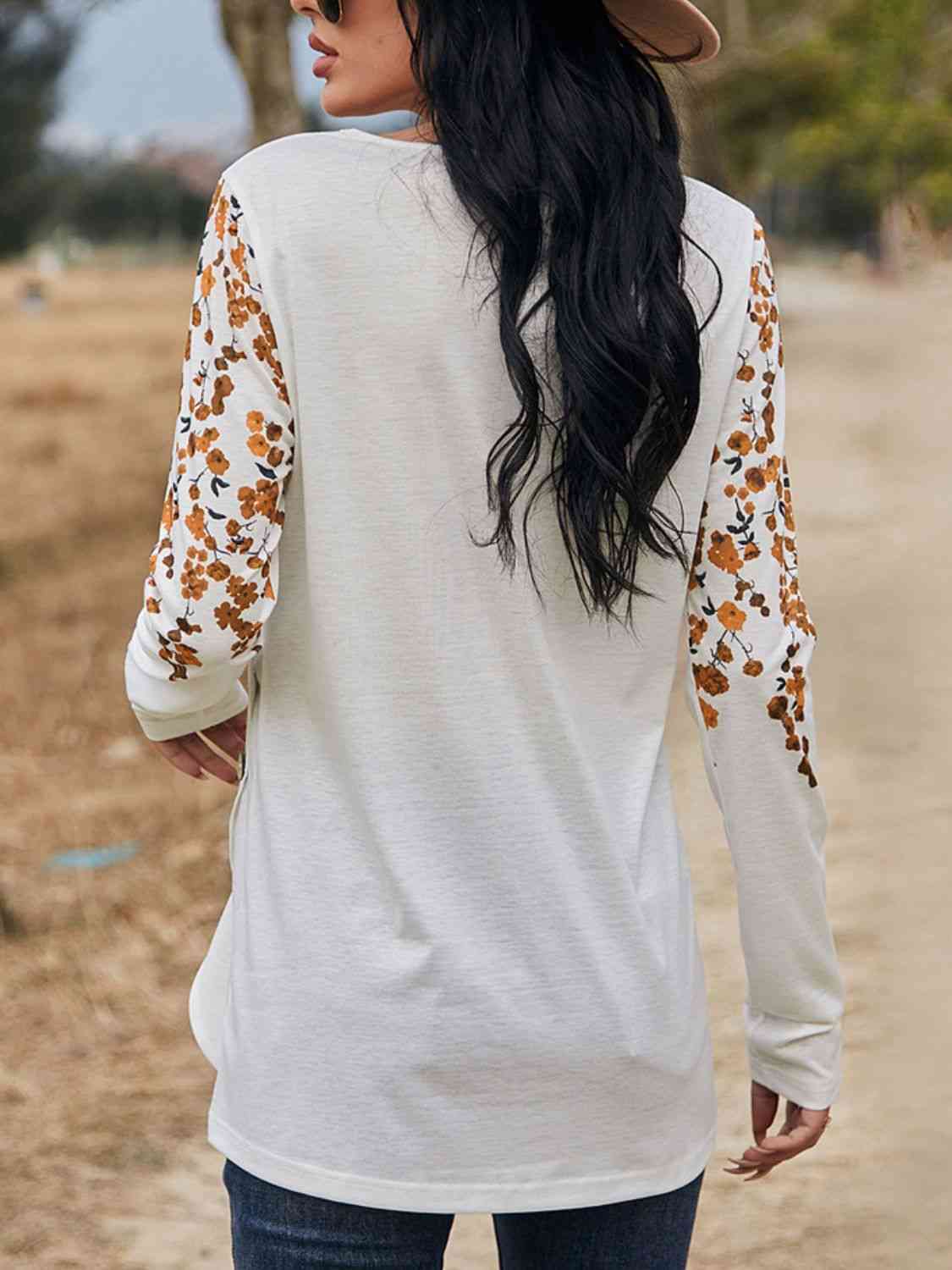 Floral Print V-Neck Long Sleeve Buttoned Tee Women's T-Shirts - Tophatter Daily Deals