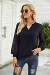 Waffle-Knit Spliced Lace Notched Top Black Blouses - Tophatter Daily Deals