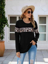 Leopard Round Neck Long Sleeve T-Shirt Black Women's T-Shirts - Tophatter Daily Deals