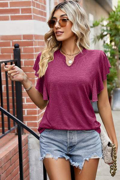 Ruffled Notched Cap Sleeve T-Shirt Women's T-Shirts - Tophatter Daily Deals