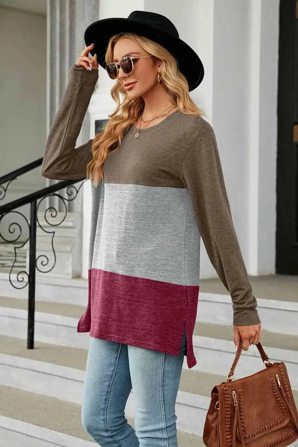 Color Block Round Neck Long Sleeve Slit T-Shirt Women's T-Shirts - Tophatter Daily Deals