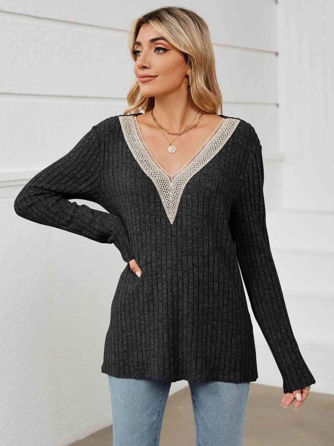 Contrast V-Neck Long Sleeve Blouse Blouses - Tophatter Daily Deals