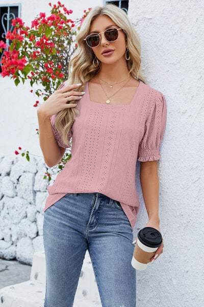 Eyelet Square Neck Short Sleeve T-Shirt Women's T-Shirts - Tophatter Daily Deals