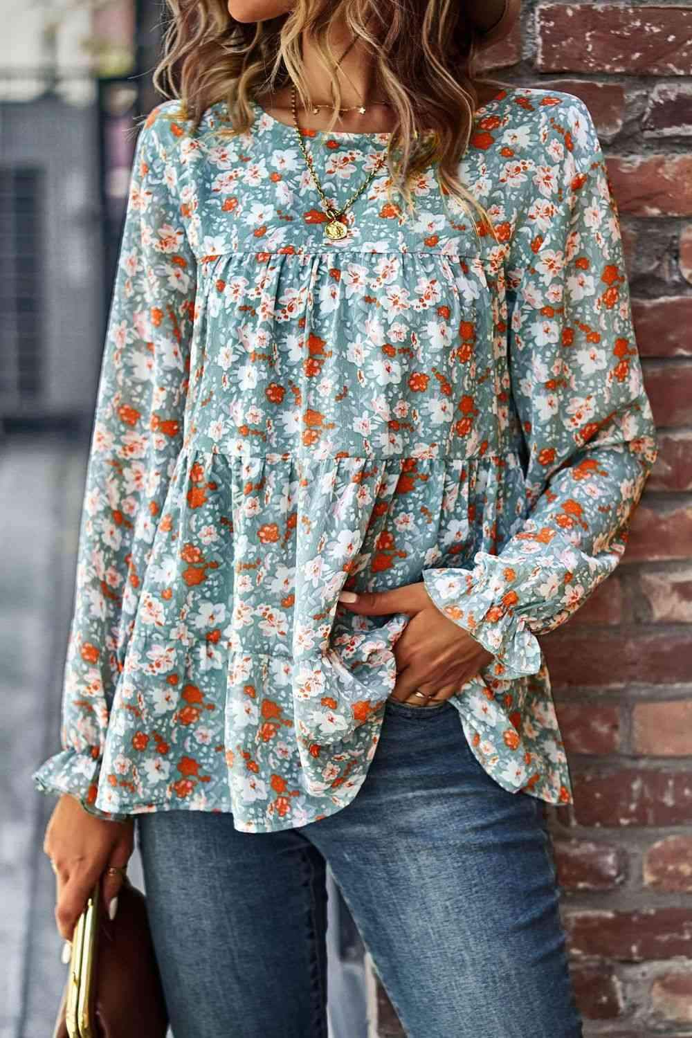 Floral Flounce Sleeve Tiered Blouse Blouses - Tophatter Daily Deals