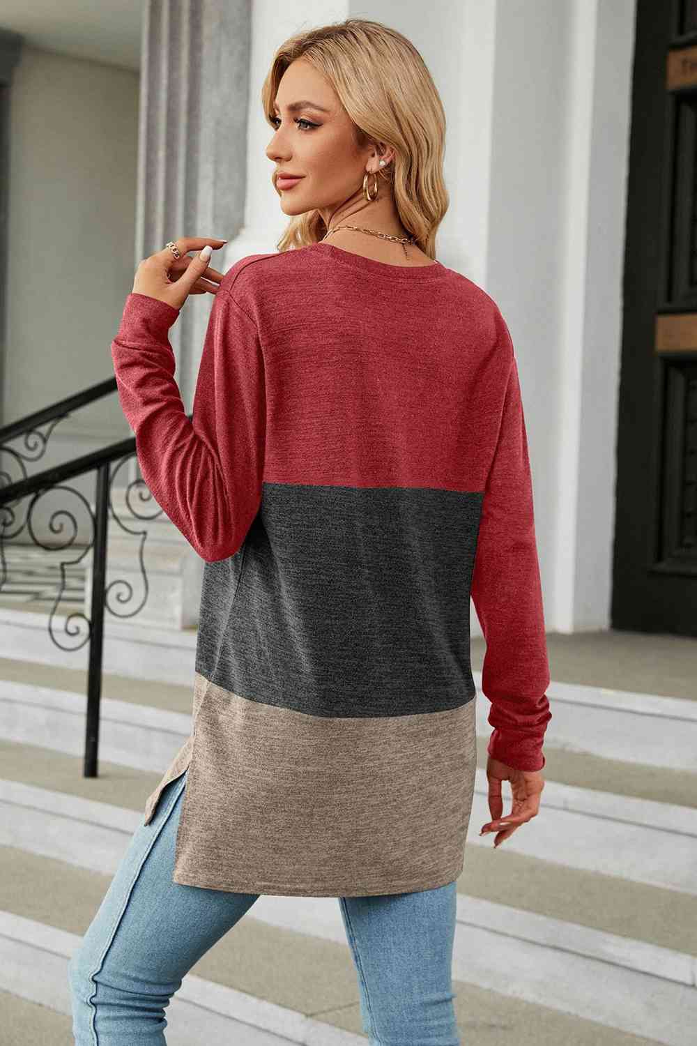 Color Block Round Neck Long Sleeve Slit T-Shirt Women's T-Shirts - Tophatter Daily Deals