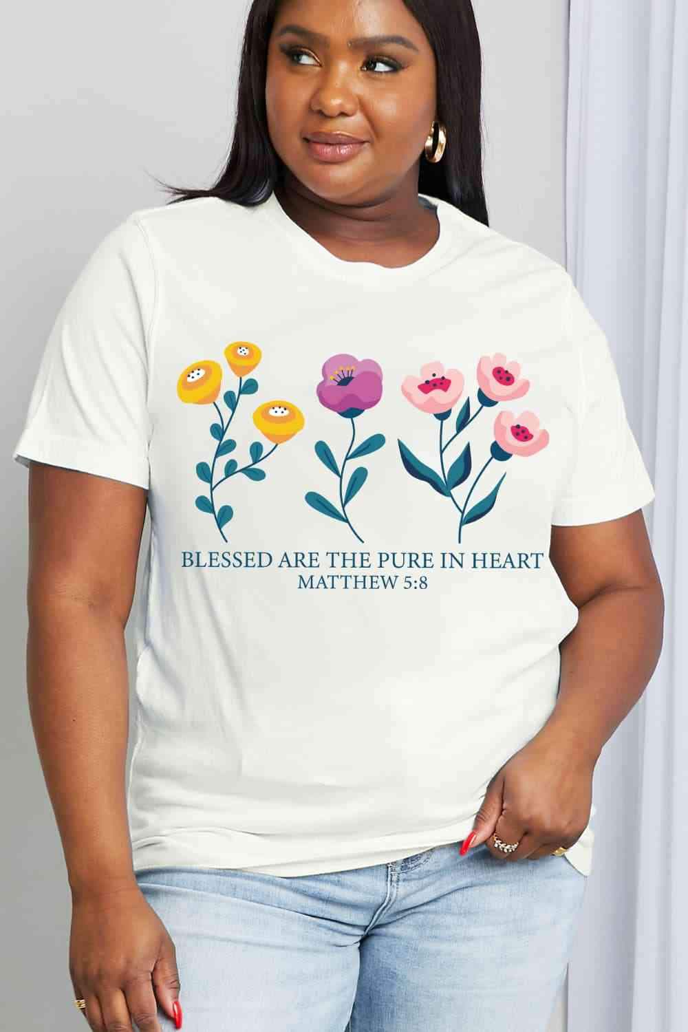 Simply Love Full Size BLESSED ARE THE PURE IN HEART Matthew 5:8 Graphic Cotton Tee Women's T-Shirts - Tophatter Daily Deals