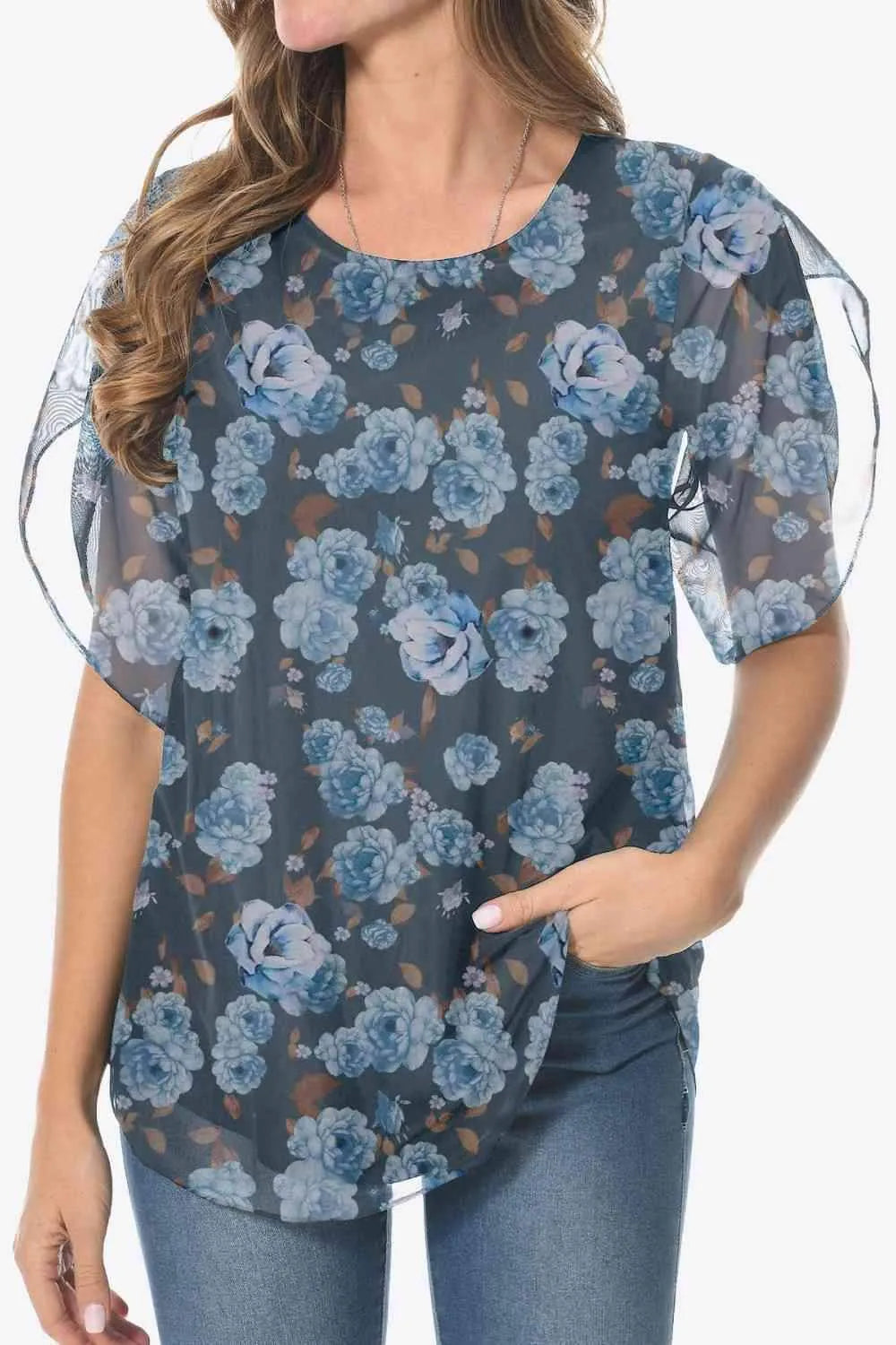 Printed Round Neck Curved Hem Blouse Blouses - Tophatter Daily Deals