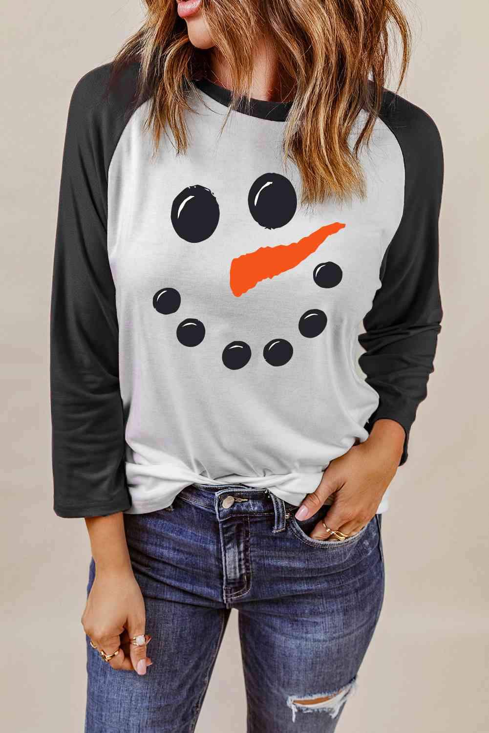 Snowman Graphic Raglan Sleeve T-Shirt Black Women's T-Shirts - Tophatter Daily Deals