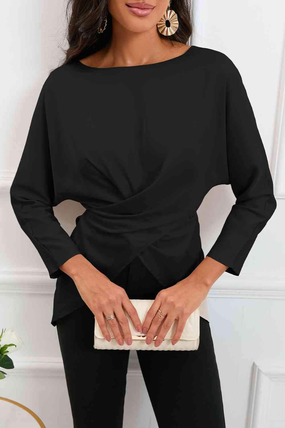 Boat Neck Back Tie Long Sleeve Satin Blouse Blouses - Tophatter Daily Deals